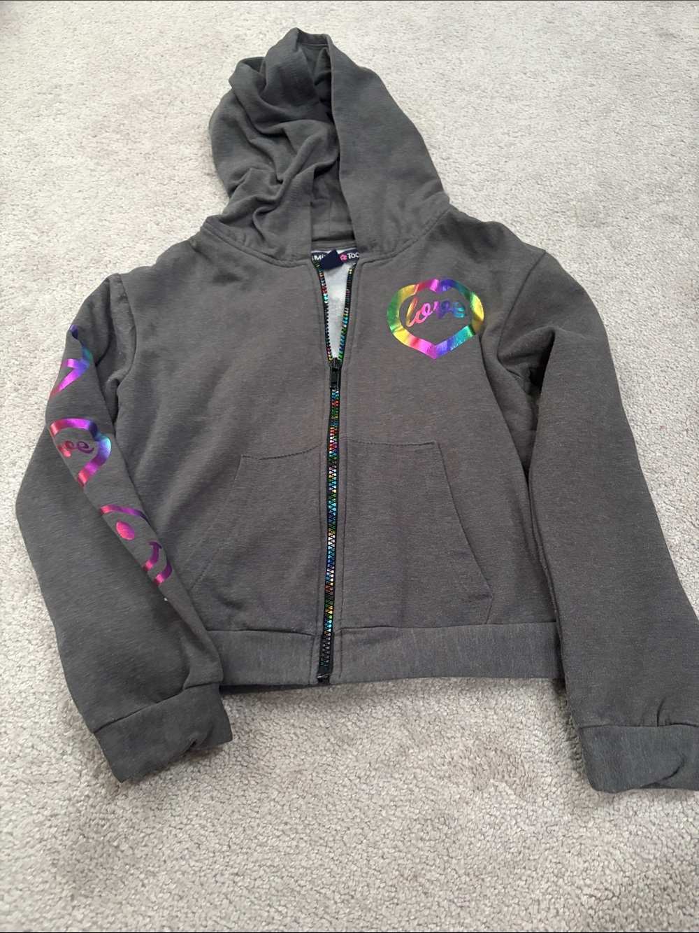 Limited Too Girls' Charcoal Zip-Up Hoodie with Iridescent Heart Detail Size 12